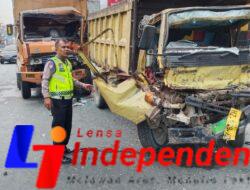 Diduga Kurang Konsentrasi, Truk Box Tabrak Dua Dump Truk yang Sedang Antre Solar di Jalan Medan–Tebing Tinggi